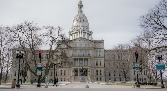 Michigan State Capitol building on a cloudy day